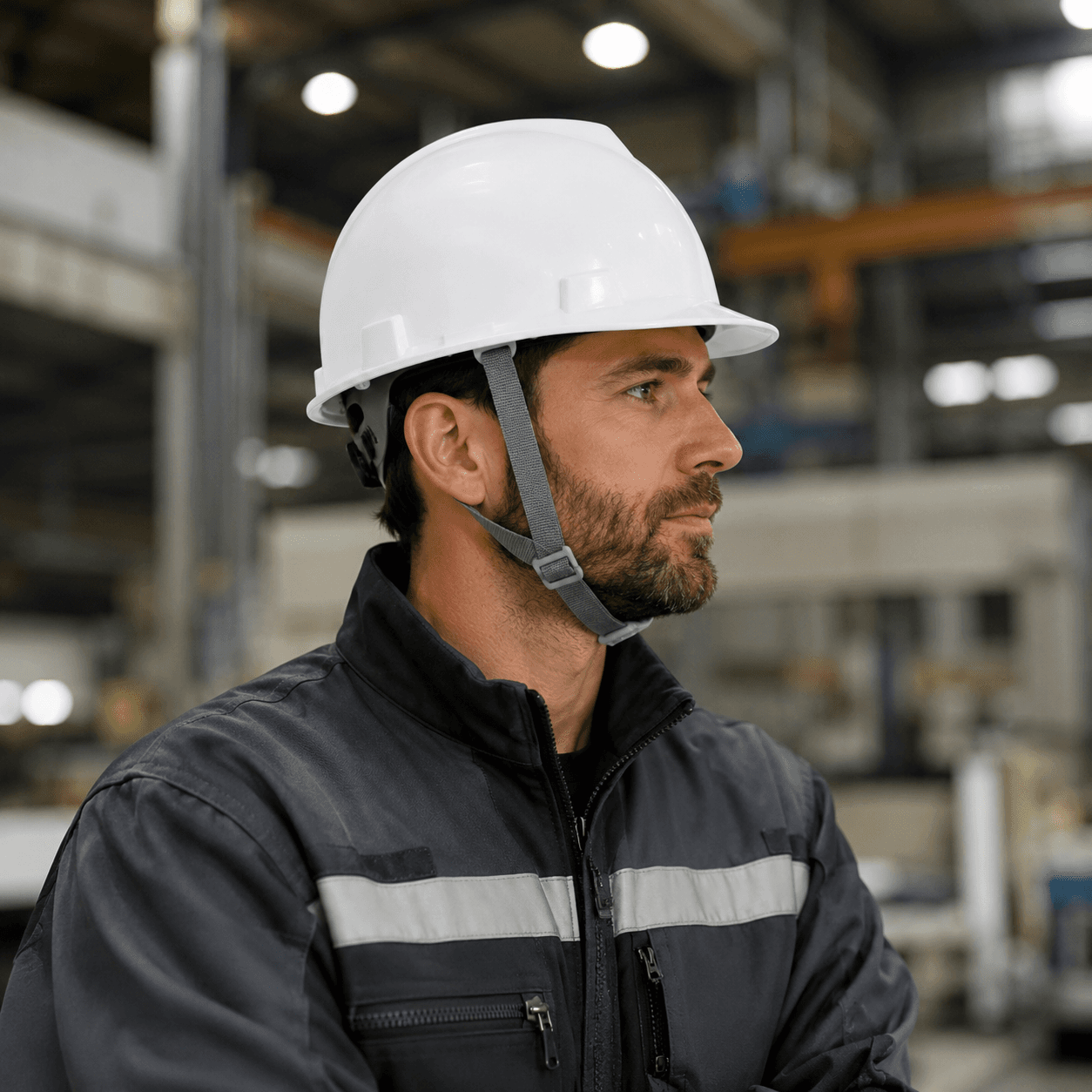 Worker wearing HEP101 style industrial safety helmet in a warehouse environment