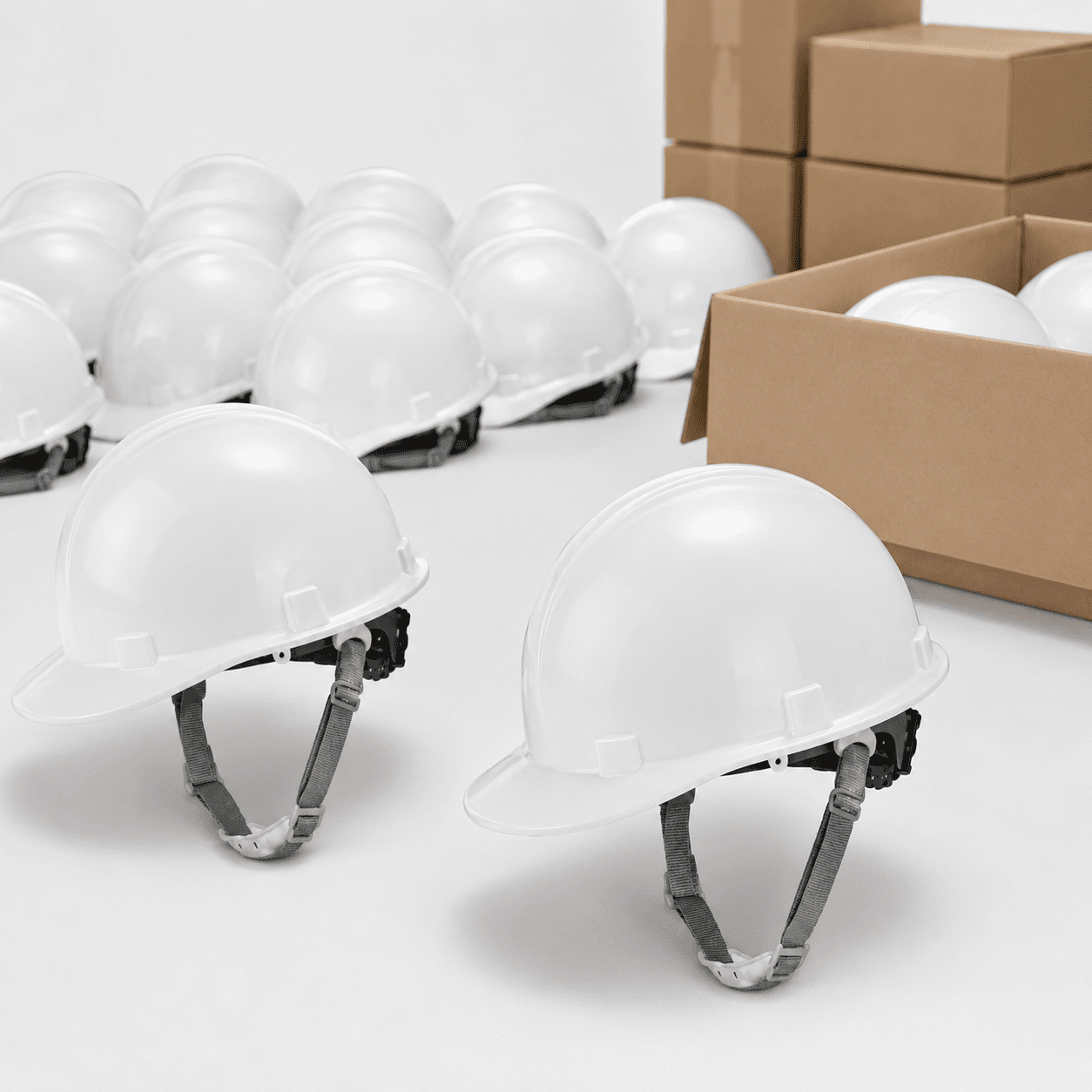 Bulk HEP101 style safety helmets prepared for B2B supply and packaging