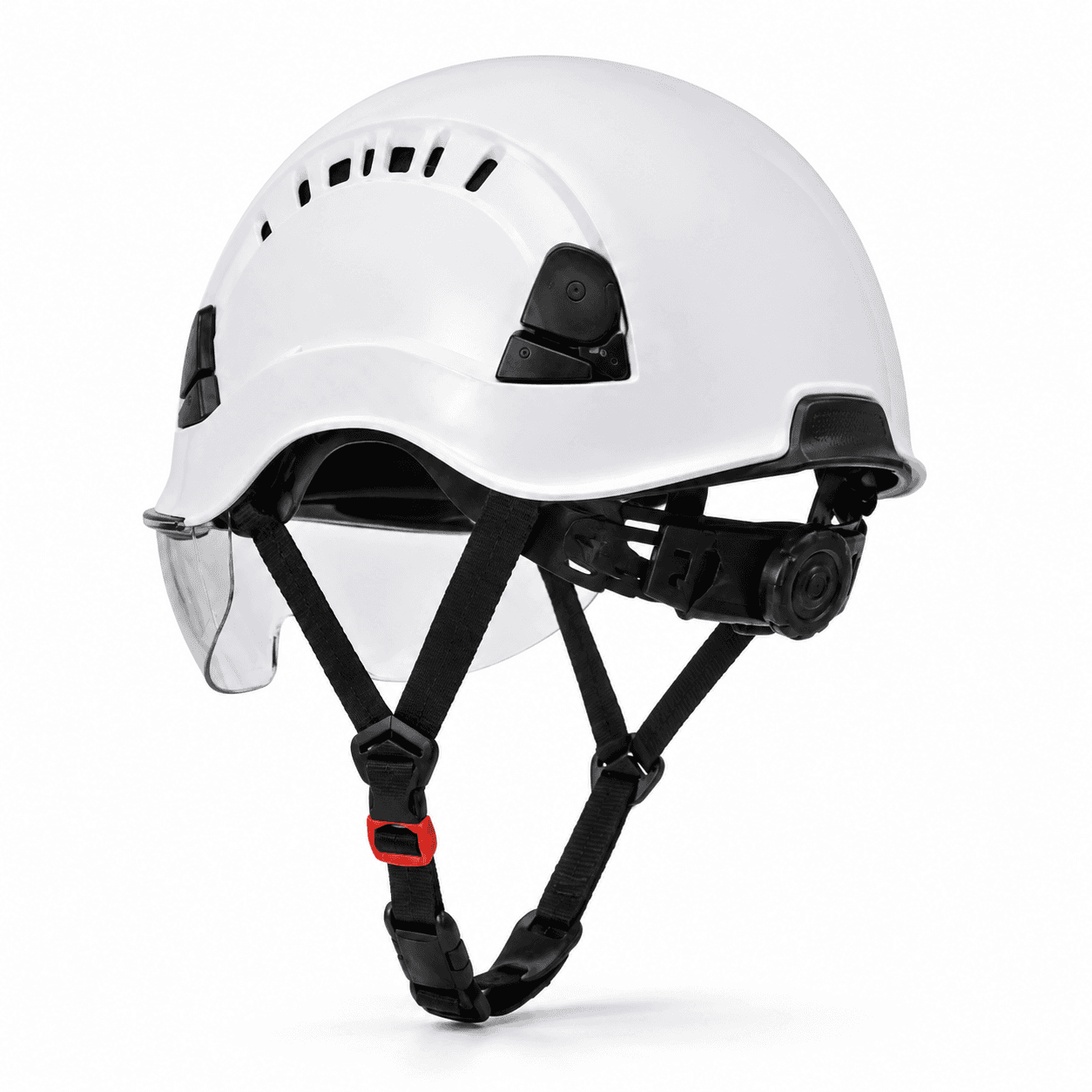 HEP170 climbing helmet side profile with visor and chin strap