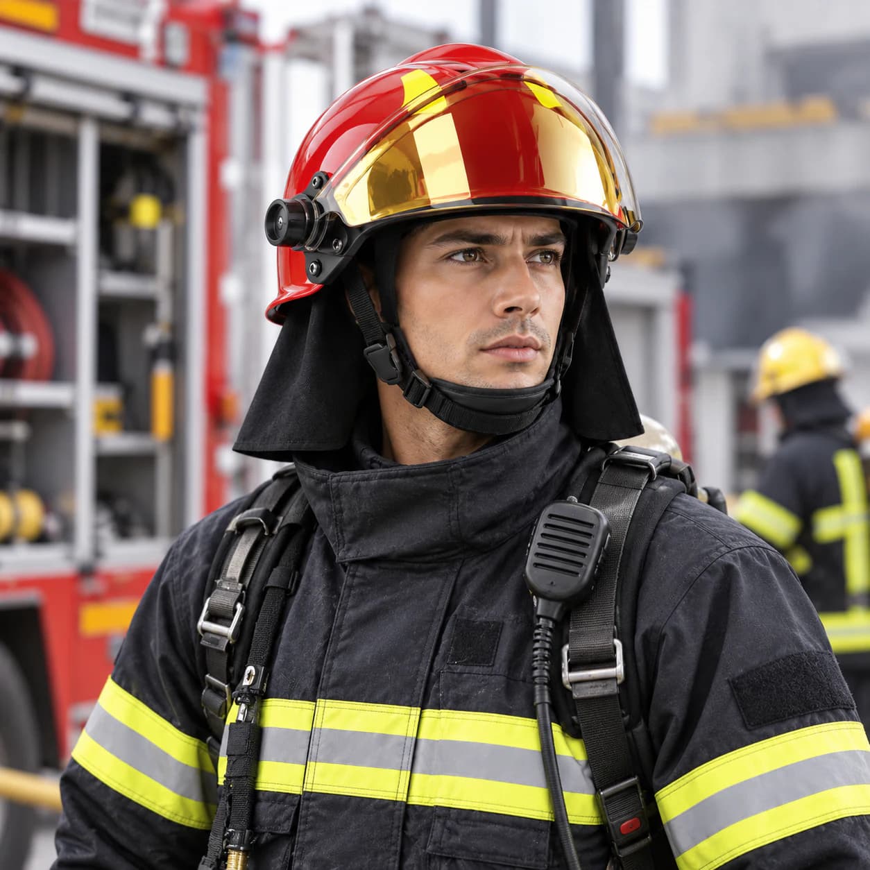 HEP180 Fire Helmet shown in a firefighting application