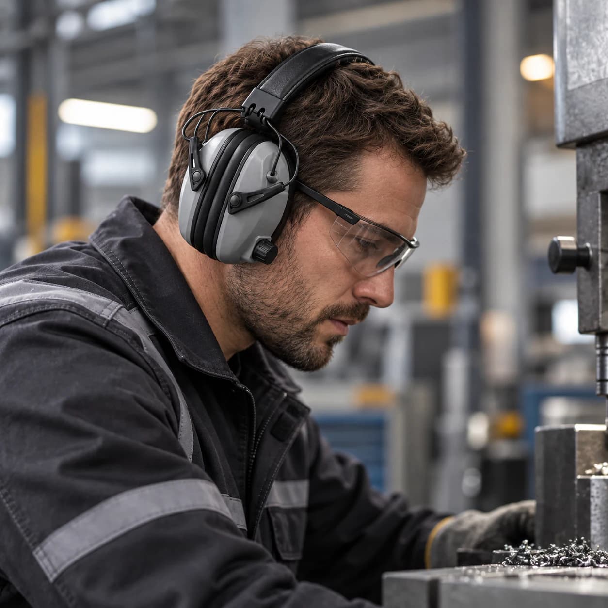 HRP301 Electric Earmuffs shown worn in an industrial setting