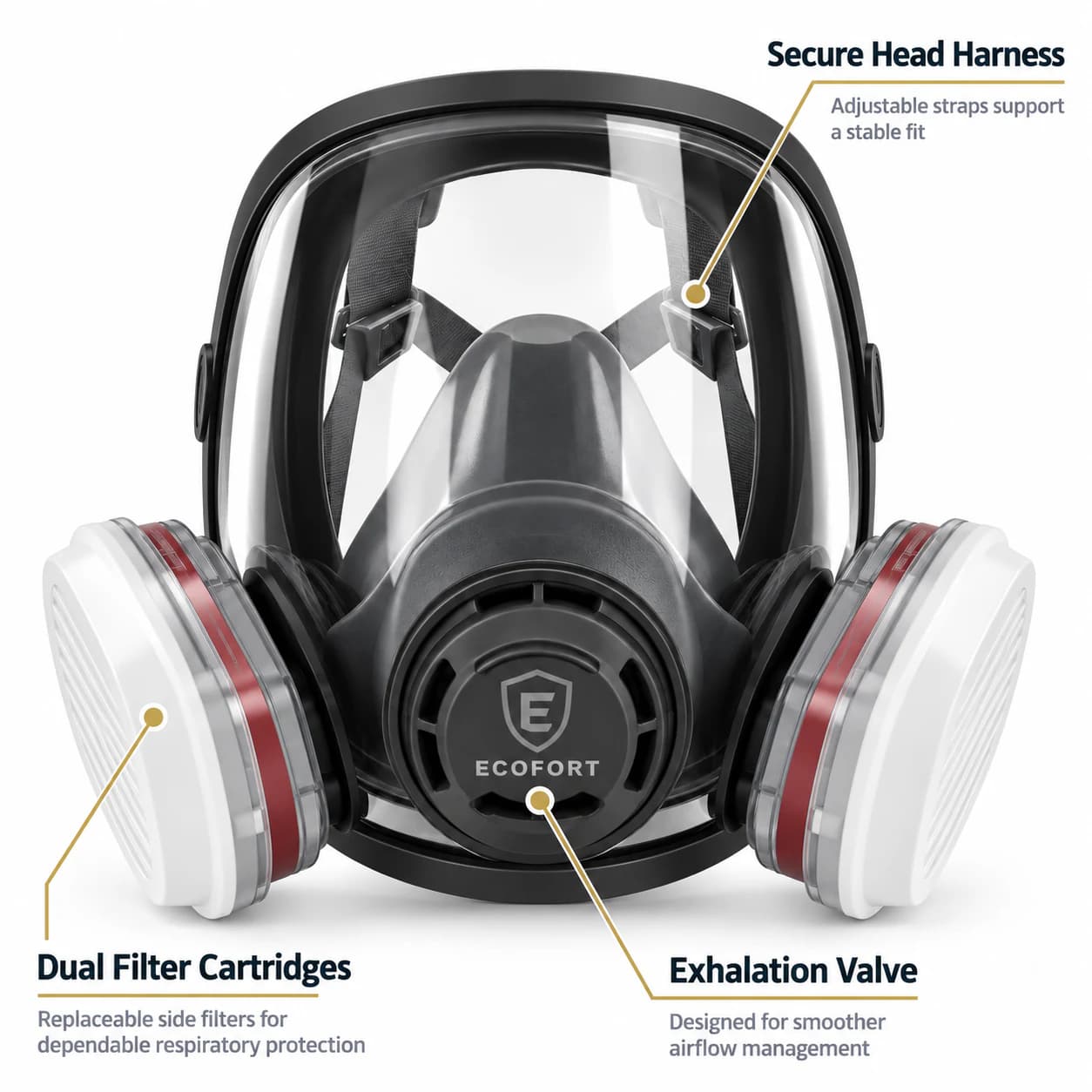 REP4007 Full Face Mask head harness filters and exhalation valve detail