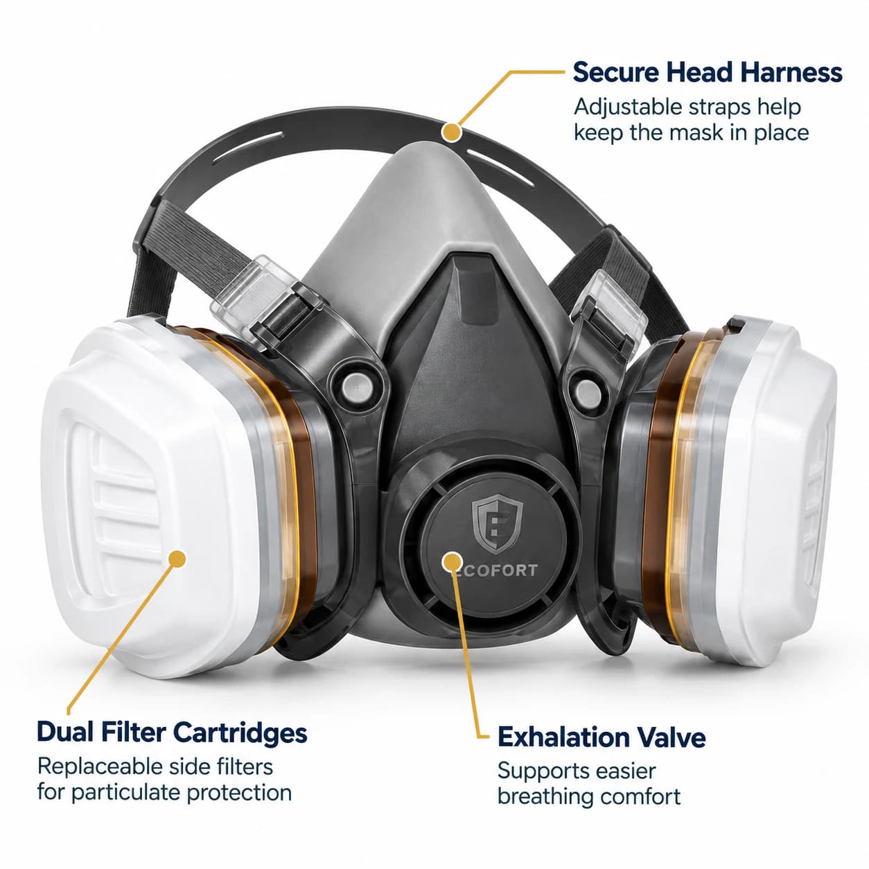 REP601 Half Mask head harness filters and exhalation valve detail