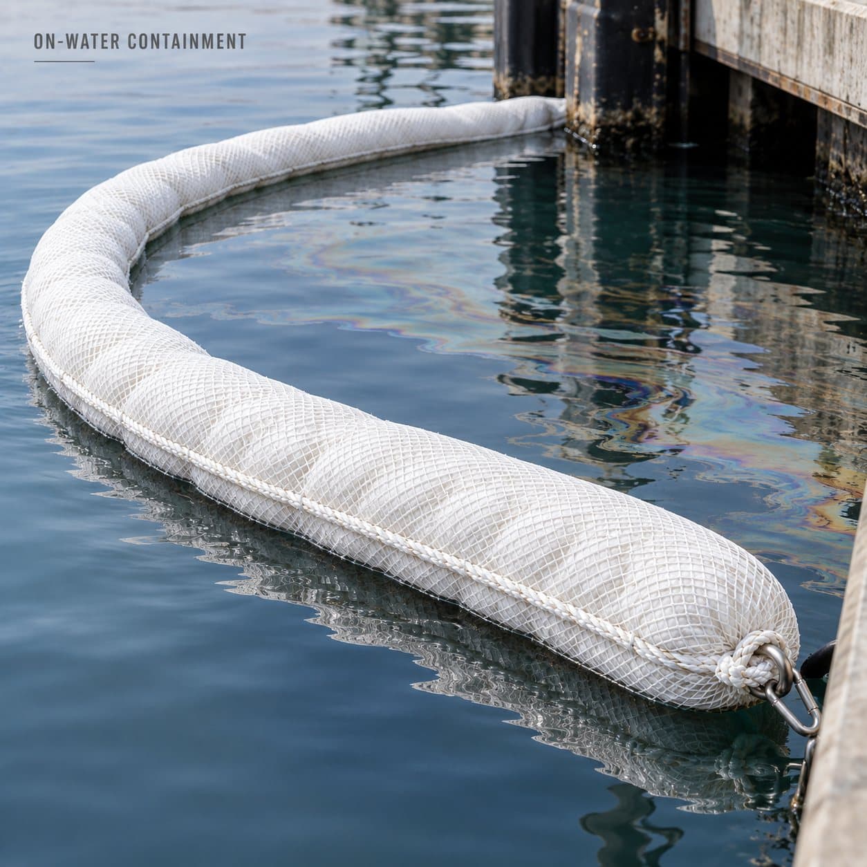 Oil-only absorbent boom containing an oil sheen on water