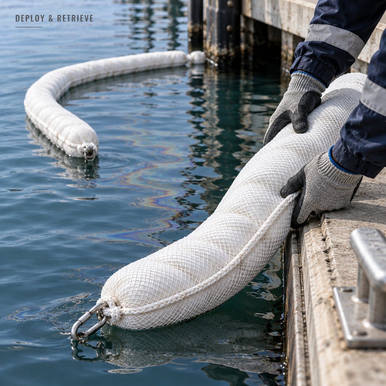 Oil-only absorbent boom being deployed and retrieved at the water edge