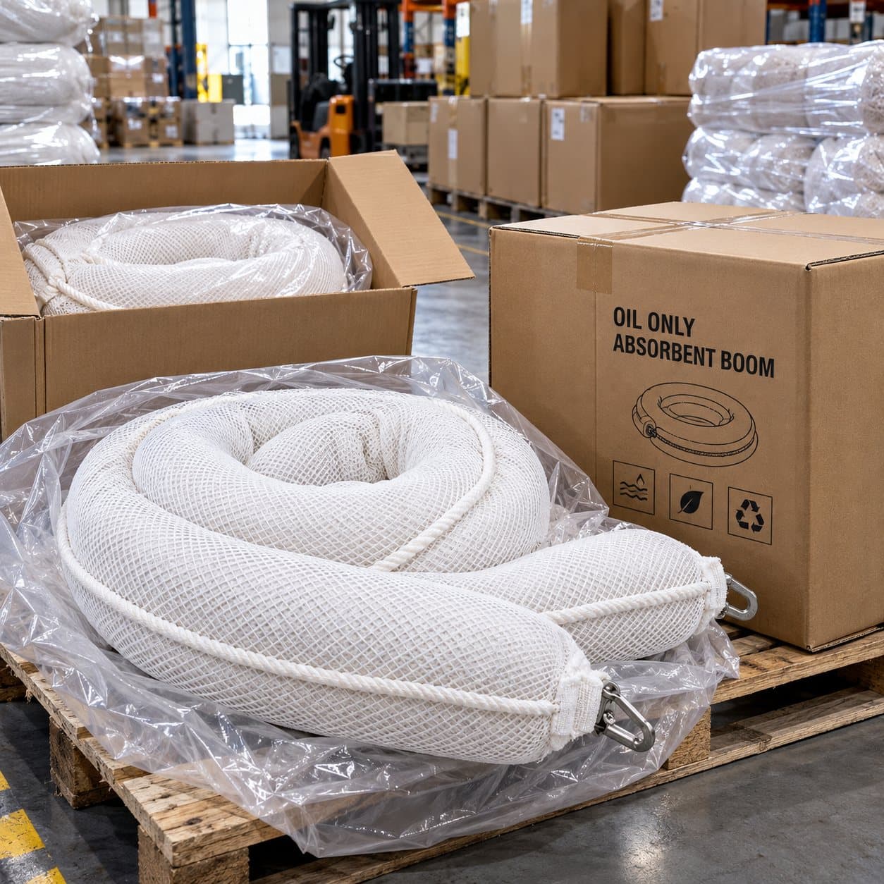 Oil-only absorbent booms stocked for bulk supply and spill response