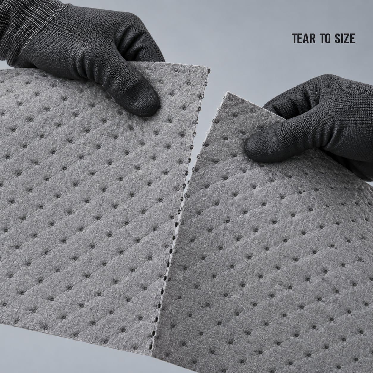 Perforated universal absorbent mat tearing along the cut line