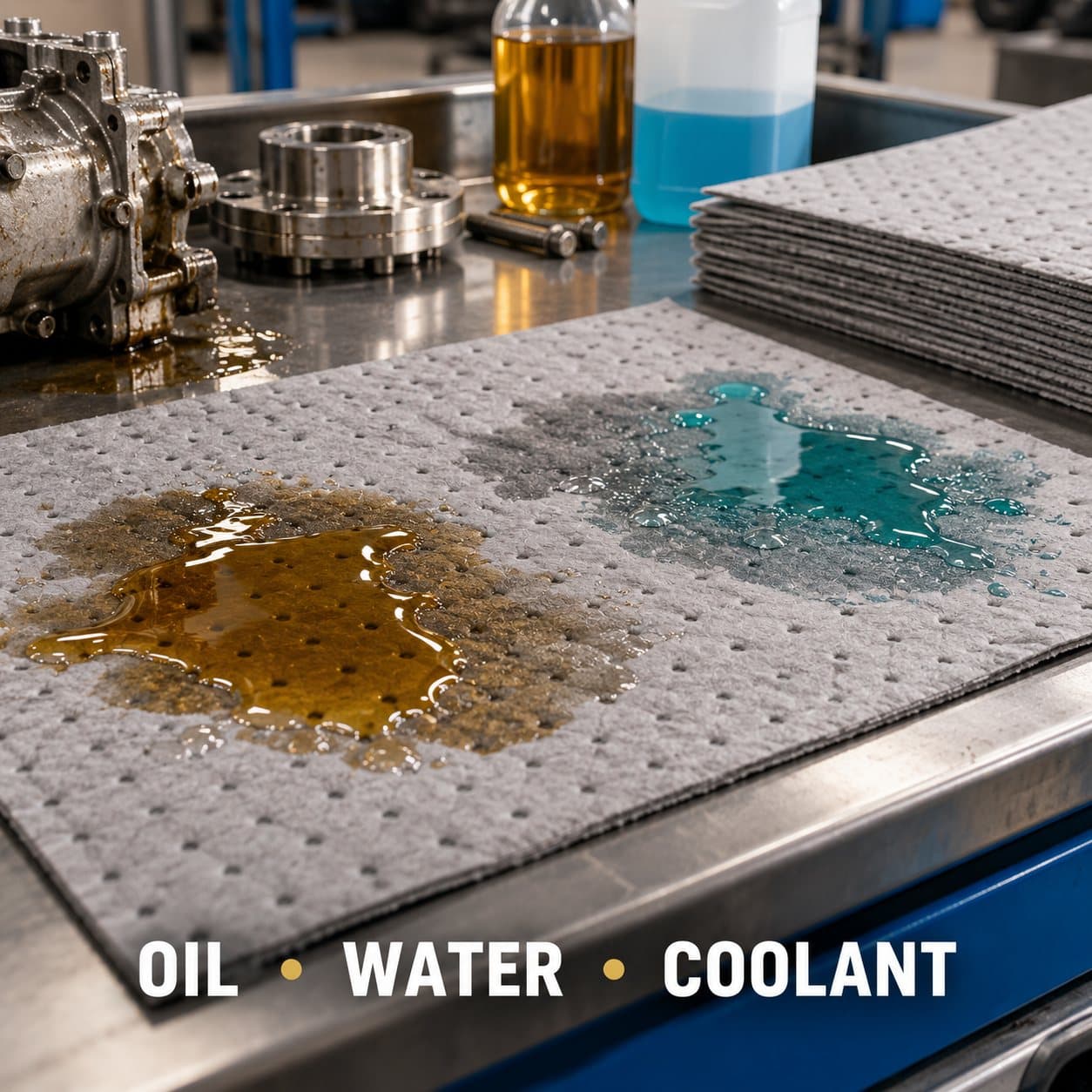 Universal absorbent mat demonstrating oil water and coolant absorption