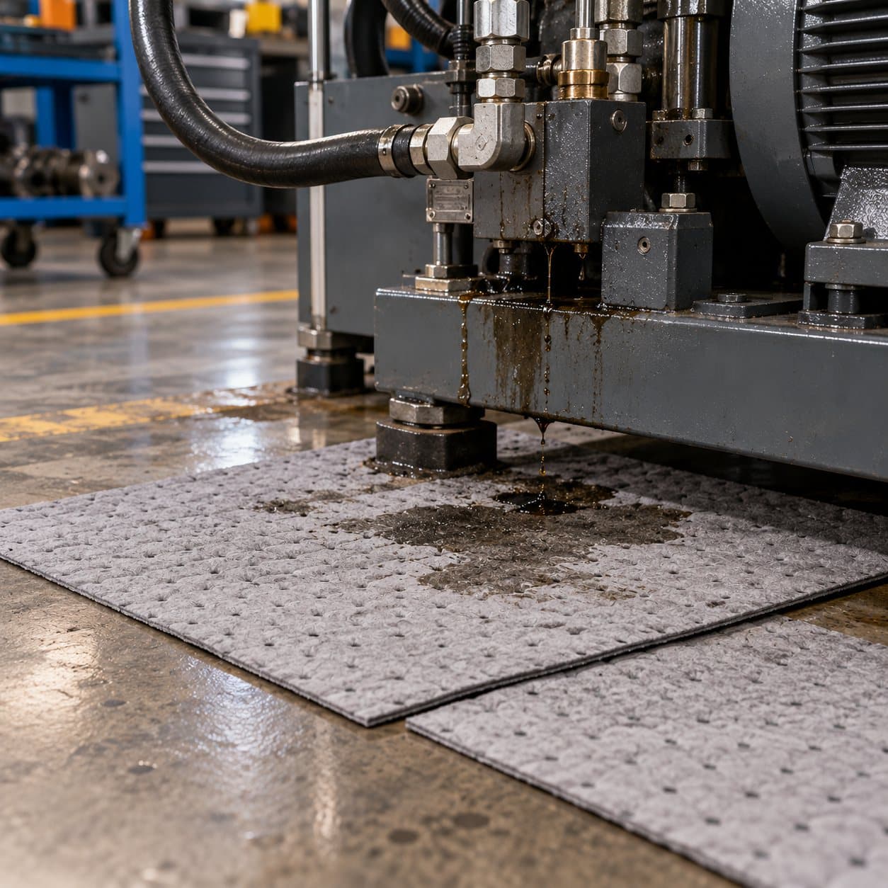 Universal absorbent mat used during routine machinery maintenance