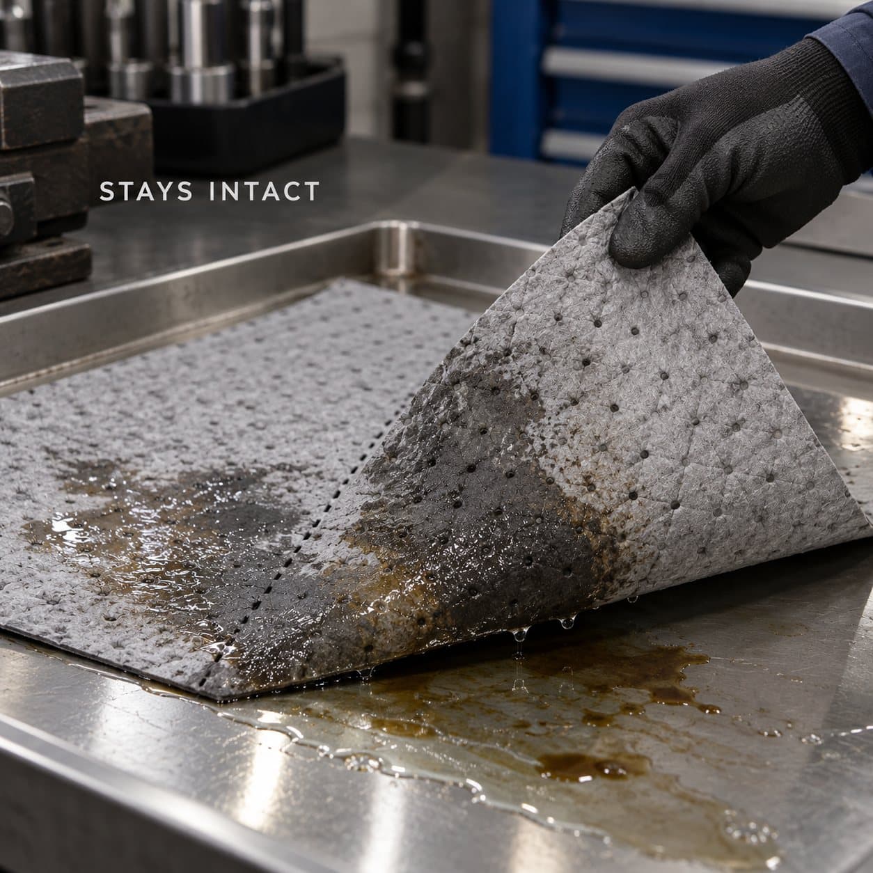 Saturated universal absorbent mat retaining its shape during handling