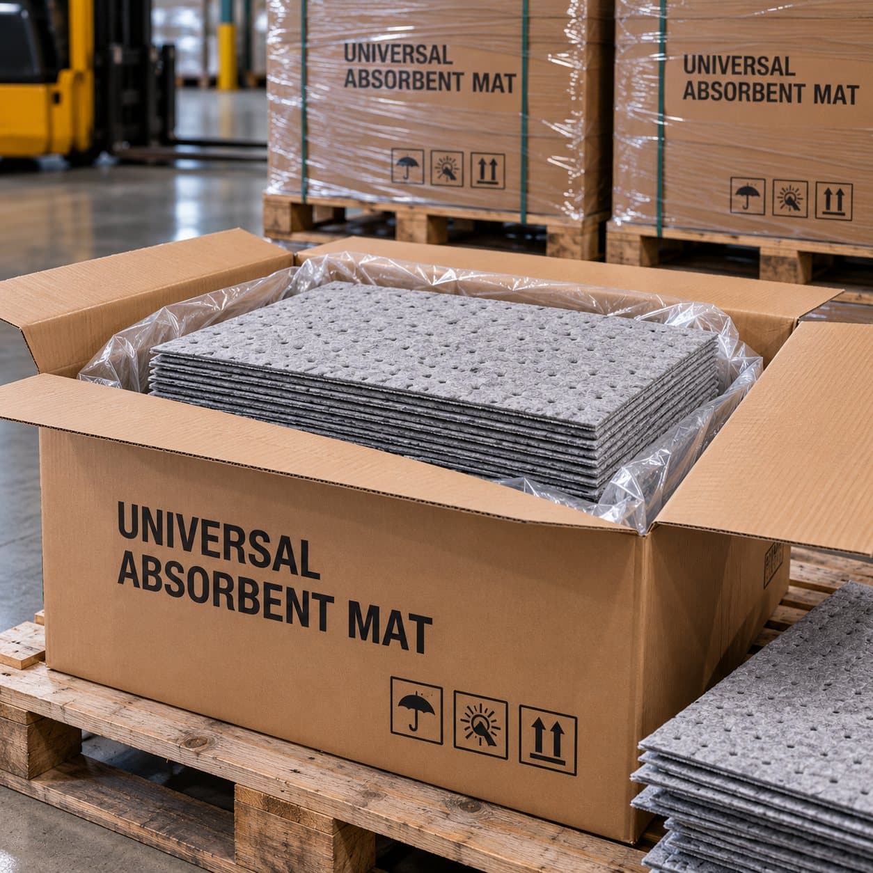 Universal absorbent mats packaged for bulk supply