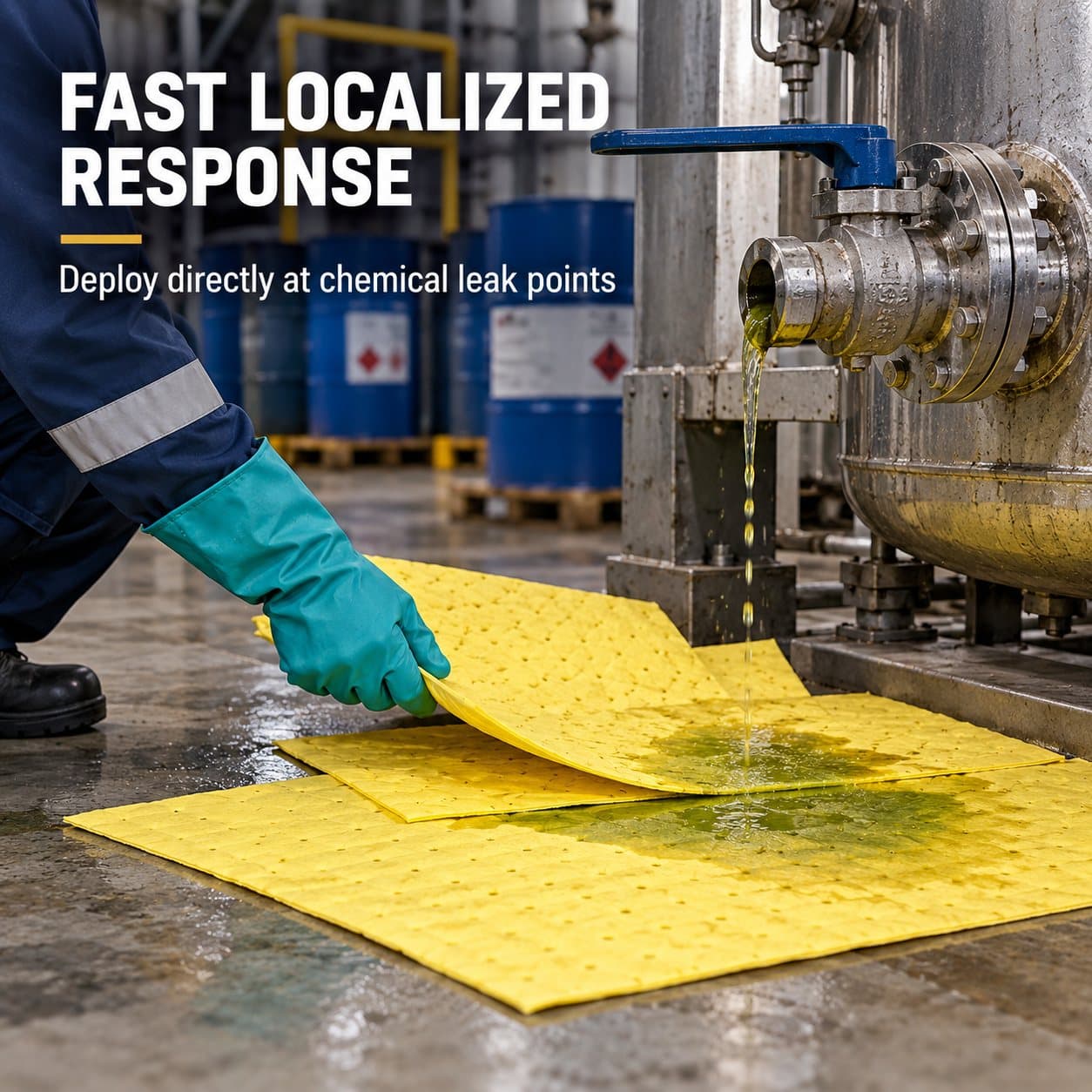 Chemical absorbent mat in an industrial chemical-handling area