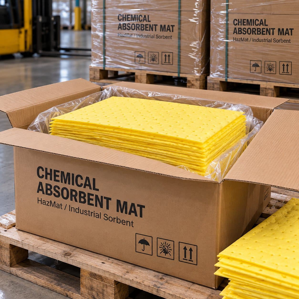 Chemical absorbent mats packaged for bulk supply