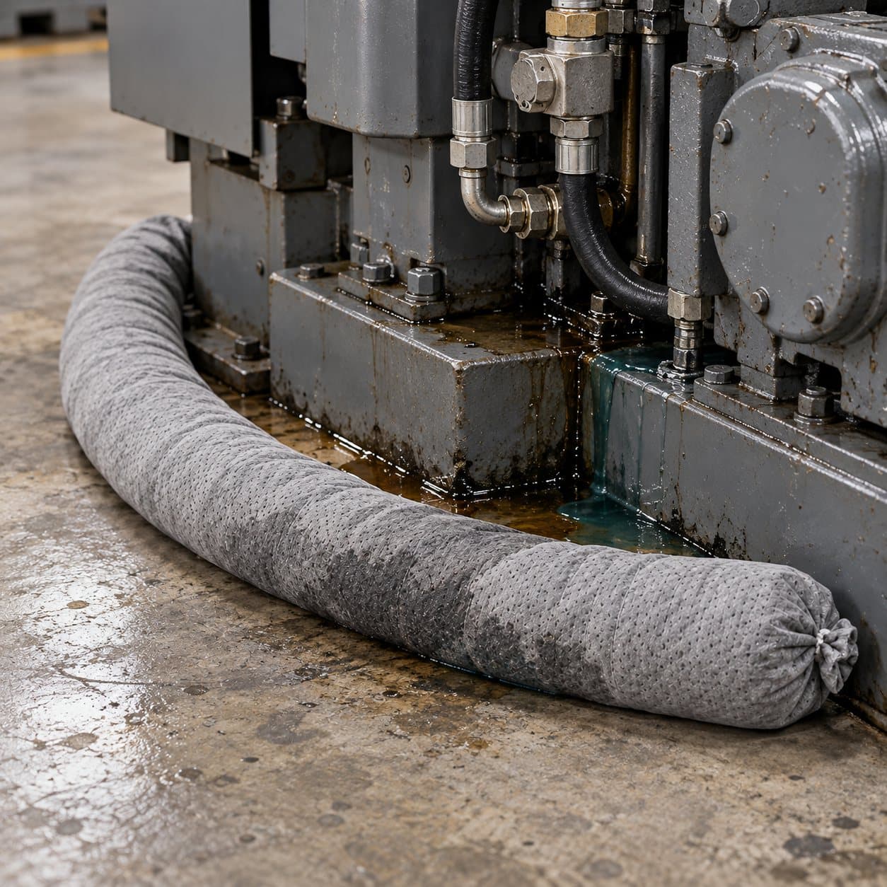 Universal absorbent sock surrounding a mixed-fluid machinery leak