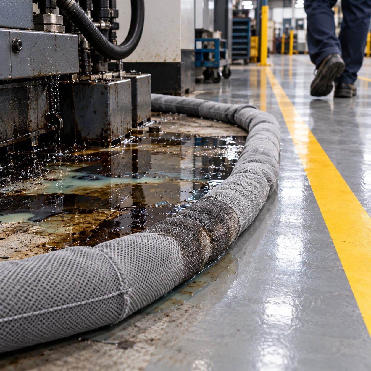 Universal absorbent sock preventing leaks from entering a factory walkway