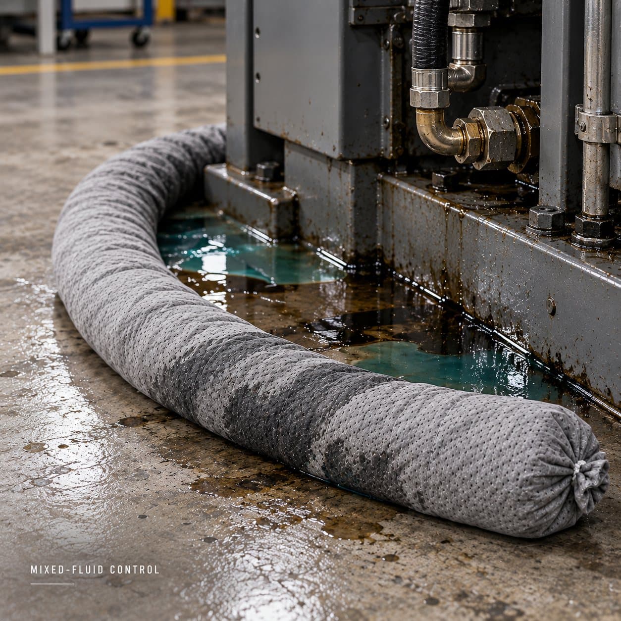 Universal absorbent sock containing mixed industrial fluids
