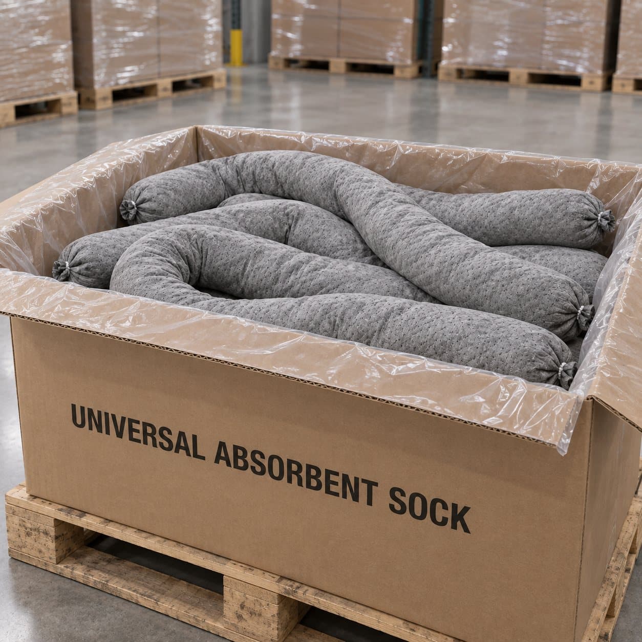 Universal absorbent socks packaged for bulk supply