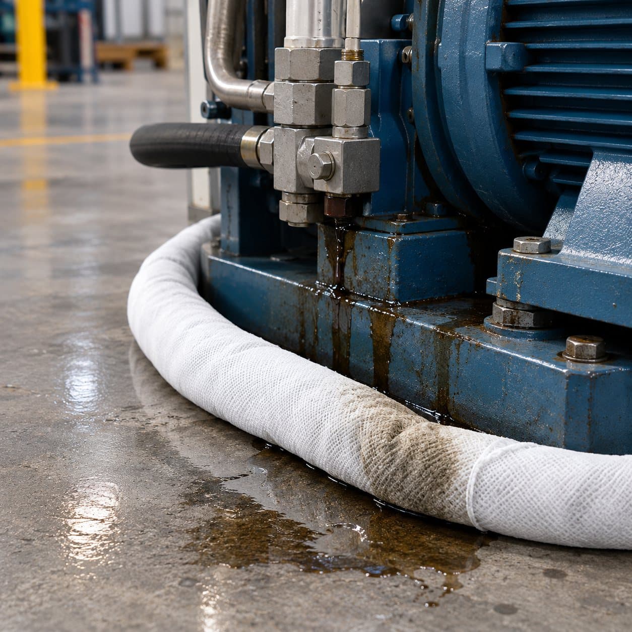 Oil-only absorbent sock wrapped around machinery to contain a leak
