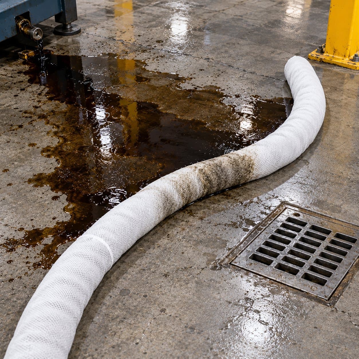 Oil-only absorbent sock containing a spill near a drain
