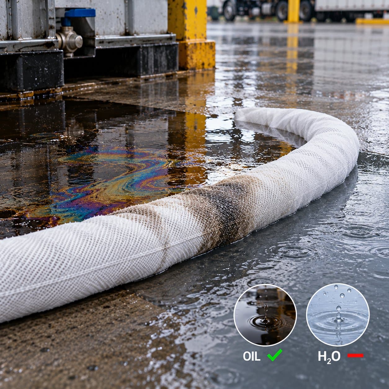 Oil-only absorbent sock controlling oil on a wet industrial surface