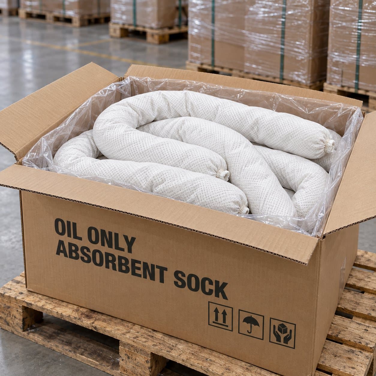 Oil-only absorbent socks packaged for bulk supply